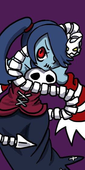 blue_hair blue_skin detached_sleeves hair_over_one_eye leviathan_(skullgirls) monster_girl parasite red_eyes shoulders skullgirls squigly_(skullgirls) sttitches yellow_eyes zombie