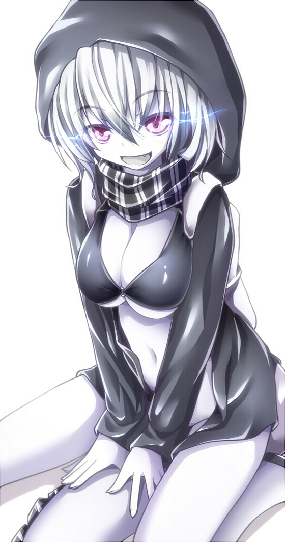 backpack bag breasts cleavage evandragon fang glowing glowing_eyes kantai_collection large_breasts long_sleeves navel no_panties open_mouth pale_skin pink_eyes re-class_battleship scarf shinkaisei-kan short_hair silver_hair sitting solo tail white_background