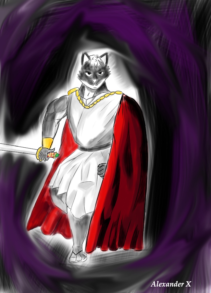 black_eyes canine cape fur greek grey_fur isaac_the_warrior looking_at_viewer mammal sword weapon wolf