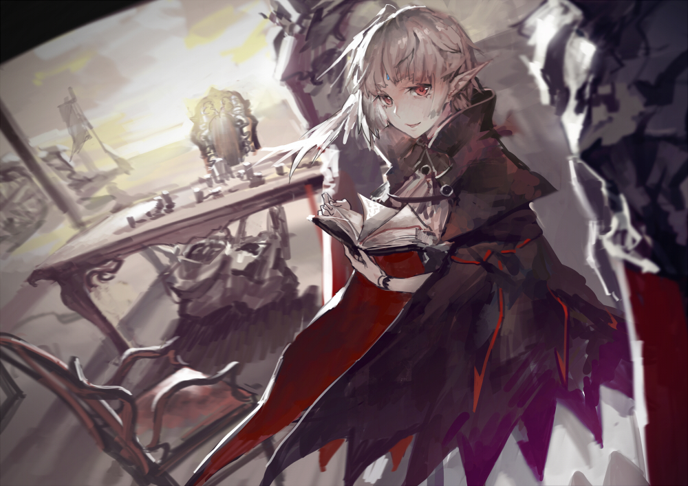 aituoku armor bad_id bad_pixiv_id book cape chair dutch_angle elf looking_at_viewer pixiv_fantasia pixiv_fantasia_fallen_kings pointy_ears red_eyes short_hair silver_hair smile table