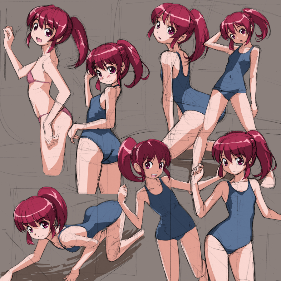 aino_megumi all_fours bikini blush brown_background happinesscharge_precure! looking_at_viewer one-piece_swimsuit open_mouth ponytail precure red_eyes red_hair rohitsuka short_hair sketch smile solo swimsuit