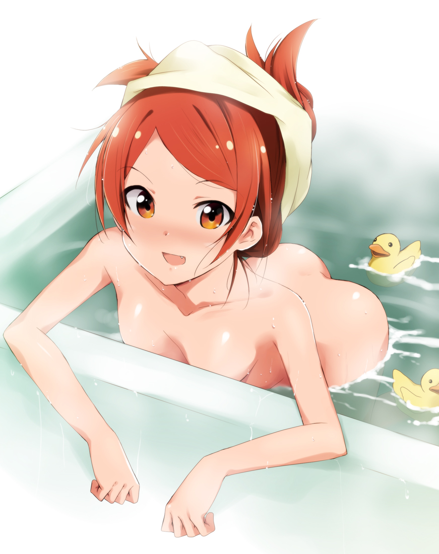 :d alternate_hairstyle ass bath bathing bathtub blush brown_eyes brown_hair idolmaster idolmaster_million_live! kaiga long_hair looking_at_viewer nude oogami_tamaki open_mouth rubber_duck smile solo towel towel_on_head water wet yellow_towel