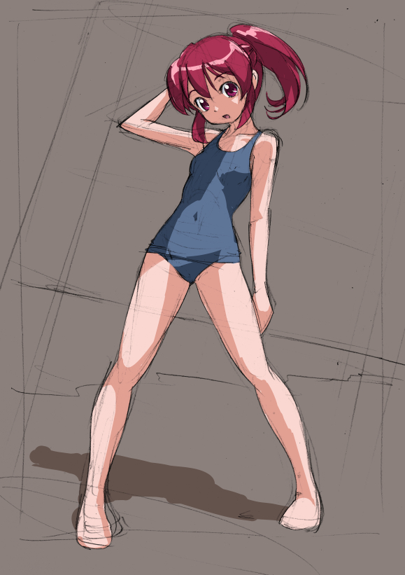 aino_megumi brown_background happinesscharge_precure! looking_at_viewer one-piece_swimsuit open_mouth ponytail precure red_eyes red_hair rohitsuka short_hair sketch solo standing swimsuit