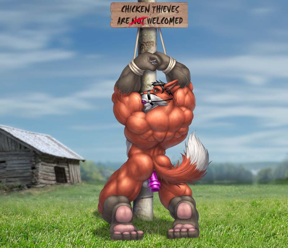 anal_insertion anal_penetration back_turned ball_gag bdsm big_muscles bondage bound braford canine dildo fox gag grass house huge_muscles insertion kneeling male mammal muscles paws penetration rope sex_toy sky solo text vein