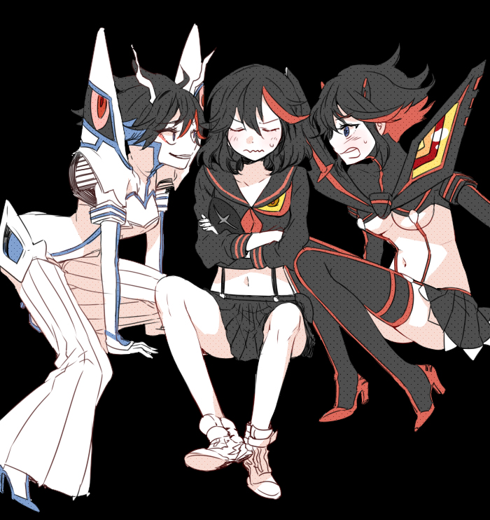 black_background black_hair breasts chim crossed_arms dark_persona hakama high_heels japanese_clothes junketsu kill_la_kill matoi_ryuuko medium_breasts midriff multicolored_hair multiple_girls multiple_persona navel red_hair revealing_clothes school_uniform senketsu serafuku shoes short_hair skirt sneakers spoilers streaked_hair suspenders thighhighs two-tone_hair underboob white_hakama