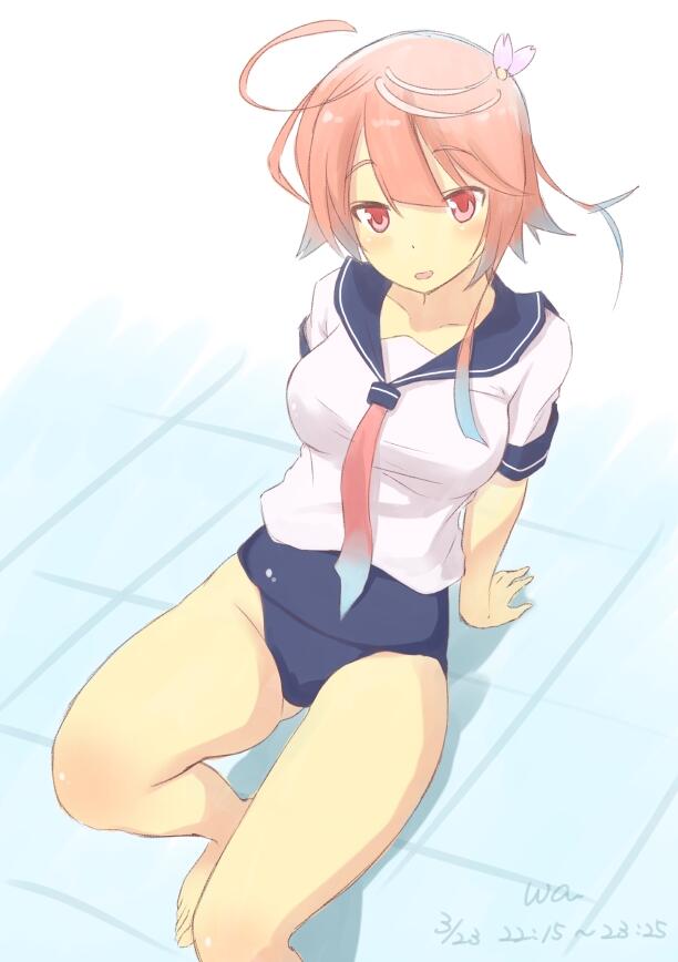 ahoge blush i-58_(kantai_collection) kantai_collection looking_at_viewer open_mouth red_eyes school_swimsuit school_uniform serafuku short_hair smile solo swimsuit swimsuit_under_clothes wa_(genryusui)