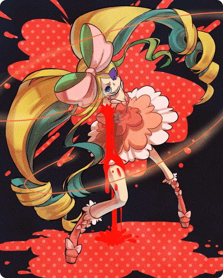 amputee big_hair blonde_hair blood blue_eyes boots bow dress drill_hair eyepatch hair_bow harime_nui huge_bow kill_la_kill life_fiber long_hair mouth_hold no_arms nokuran pink_bow pink_footwear platform_footwear red_string solo spoilers string twin_drills twintails