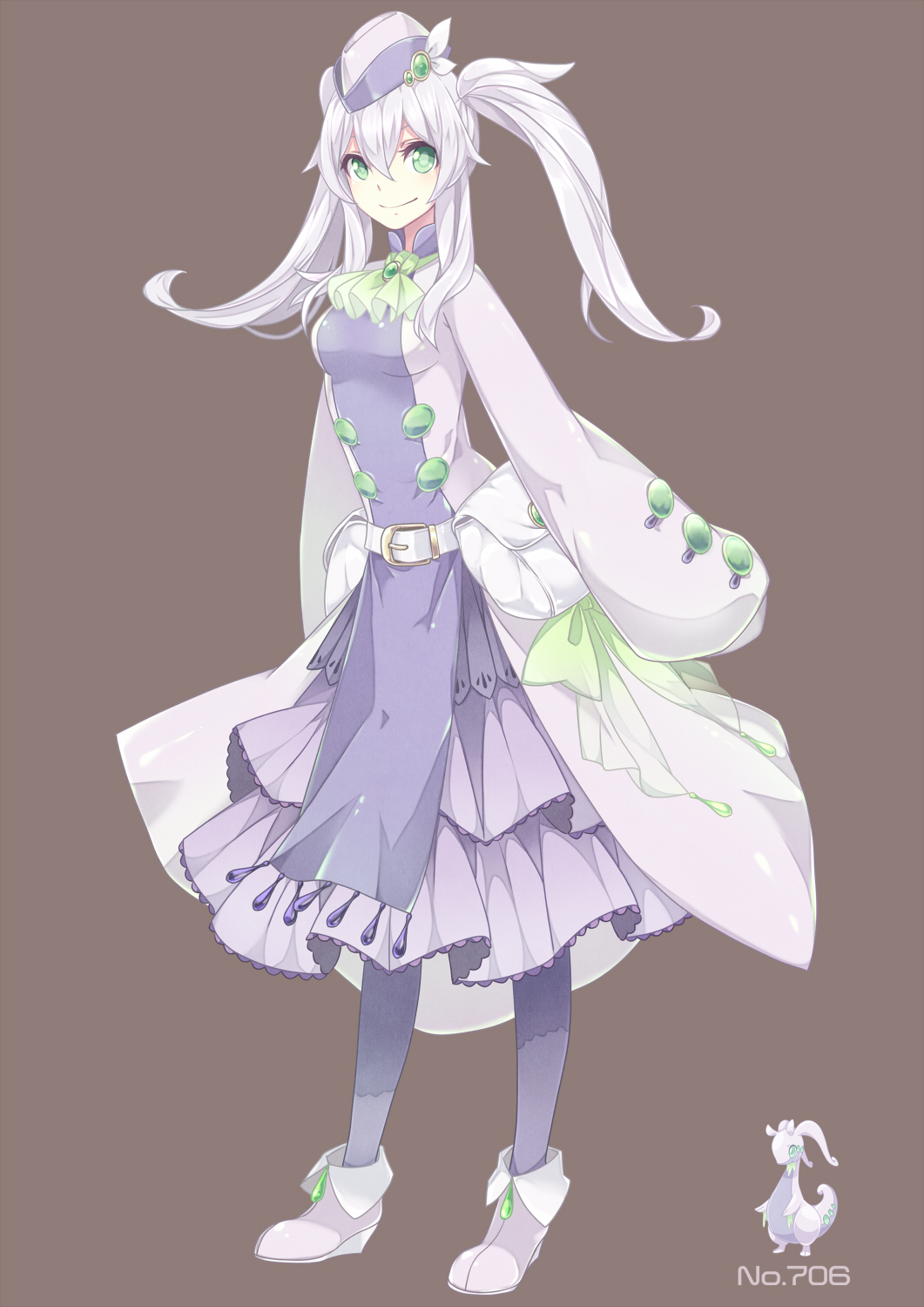 commentary_request cravat dress duplicate gen_6_pokemon goodra green_eyes highres lavender_hair layered_dress merlusa pantyhose personification pokemon solo twintails