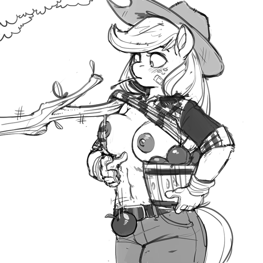 anthro anthrofied apple applejack_(mlp) band-aid belt blush branch breasts bucket clothing cowboy_hat equine feckles female freckles friendship_is_magic fruit gloves greyscale hair hat holding horse jeans kevinsano long_hair mammal monochrome my_little_pony nipples pony solo wardrobe_malfunction