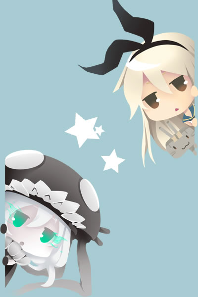 blonde_hair blue_background brown_eyes cape glowing glowing_eyes green_eyes hairband hat kantai_collection long_hair multiple_girls open_mouth oze_(hexaexec) rensouhou-chan ribbon shimakaze_(kantai_collection) shinkaisei-kan short_hair silver_hair star wo-class_aircraft_carrier