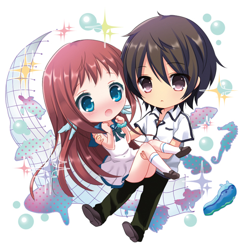 1girl black_hair blue_eyes brown_eyes brown_hair carrying chibi dress hazuki_(nukisasi) kihara_tsumugu long_hair lowres mukaido_manaka nagi_no_asukara princess_carry sailor_dress school_uniform serafuku short_hair