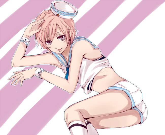 ass grey_eyes hat male_focus midriff mikado_nagi pink_hair roko_(rkrk_s) sailor sailor_hat short_shorts shorts smile solo uta_no_prince-sama uta_no_prince-sama_maji_love_2000_percent