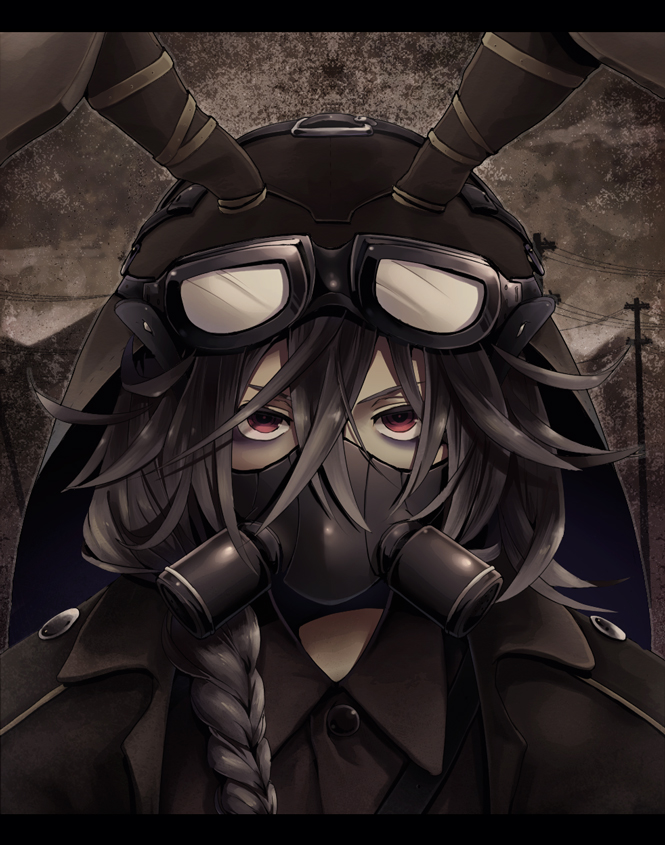 animal_ears bags_under_eyes black_hair braid bunny_ears face_mask gas_mask goggles goggles_on_headwear hat leather long_hair looking_at_viewer mask mikazuki_tsukiyo military military_uniform personification purple_hair red_eyes respirator shocasky solo uniform usavich