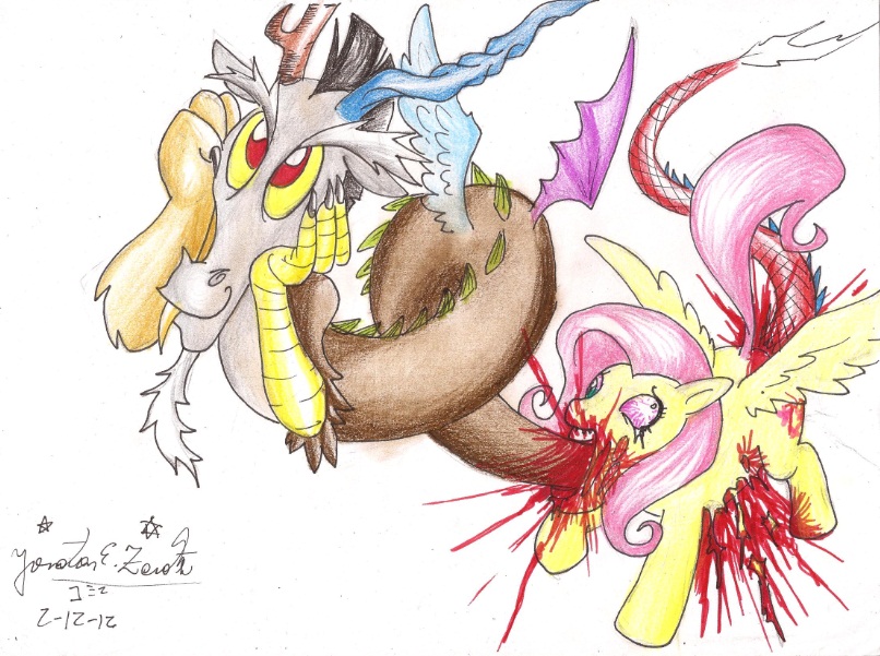 all_the_way_through anal blood blood_splatter discord_(mlp) draconequus duo equine fangs female fluttershy_(mlp) friendship friendship_is_magic fur gore hair horn is magic male mammal my_little_pony pegasus penetration pink_hair plain_background red_eyes themasterdramon traditional_media white_background wings yellow_fur