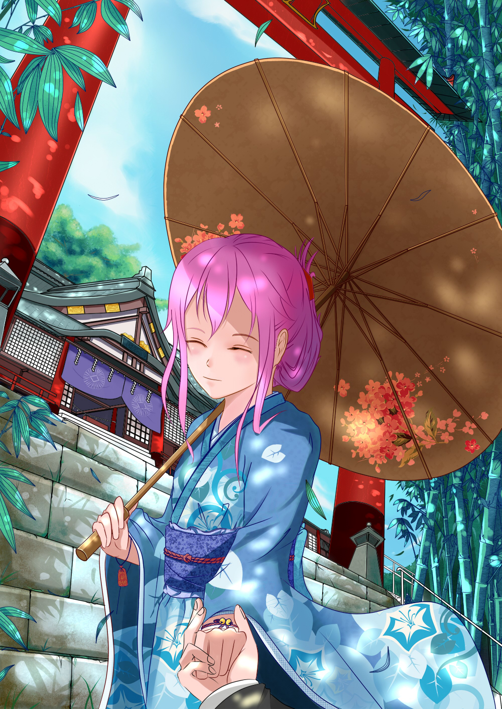closed_eyes day guilty_crown hair_ornament hairclip highres holding_hands japanese_clothes jzorg kimono long_hair out_of_frame pink_hair pov pov_hands shrine sky smile solo_focus torii umbrella yuzuriha_inori