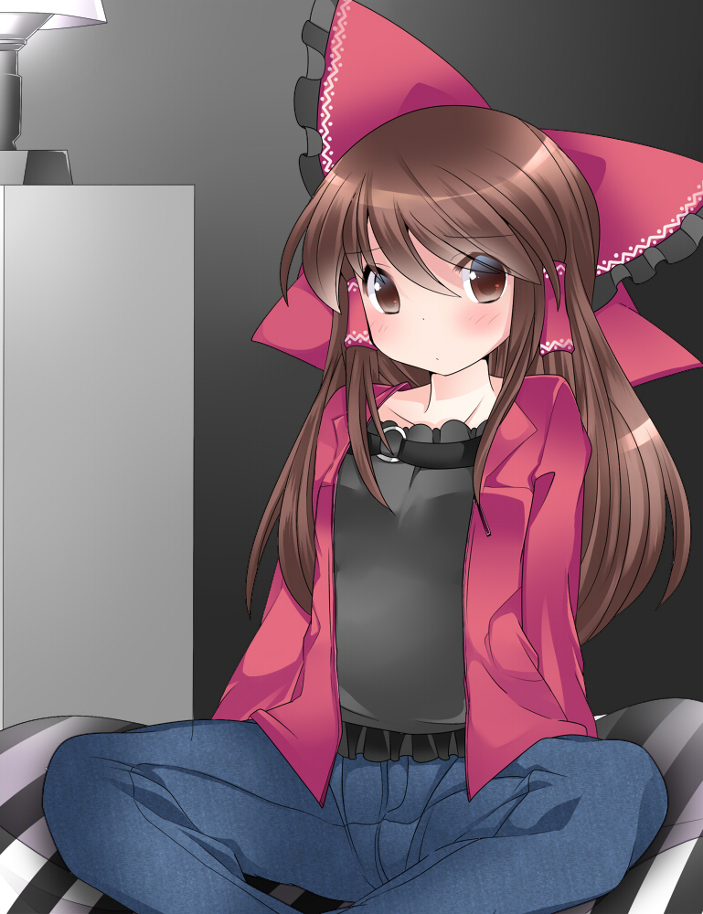 blouse blush bow brown_eyes brown_hair commentary_request contemporary denim hair_bow hair_tubes hakurei_reimu hammer_(sunset_beach) jacket jeans long_hair looking_at_viewer pants sitting solo touhou