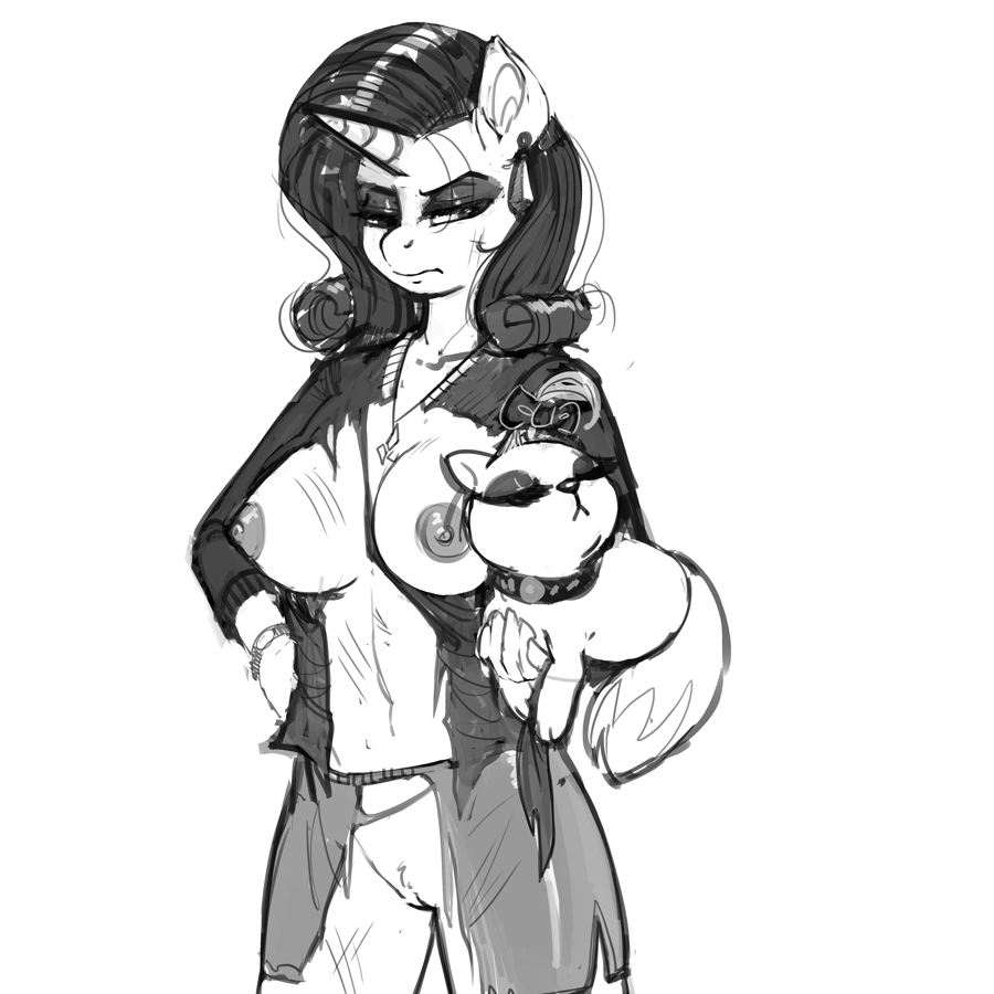 anthro anthrofied bow breasts cat clothing collar duo ear_piercing equine eyes_closed feline female feral friendship_is_magic greyscale hair half-closed_eyes holding horse kevinsano mammal monochrome my_little_pony nipples opalescence_(mlp) piercing pony pussy rarity_(mlp) torn_clothing wardrobe_malfunction