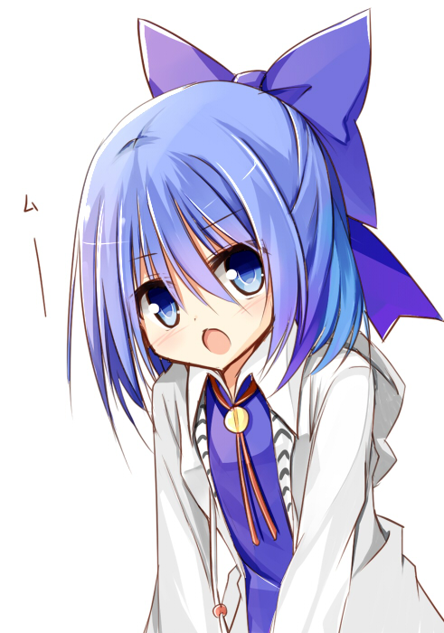 blue_eyes blue_hair bow cirno contemporary hair_bow jacket jacket_removed looking_at_viewer open_mouth solo touhou upper_body yuuhagi_(amaretto-no-natsu)