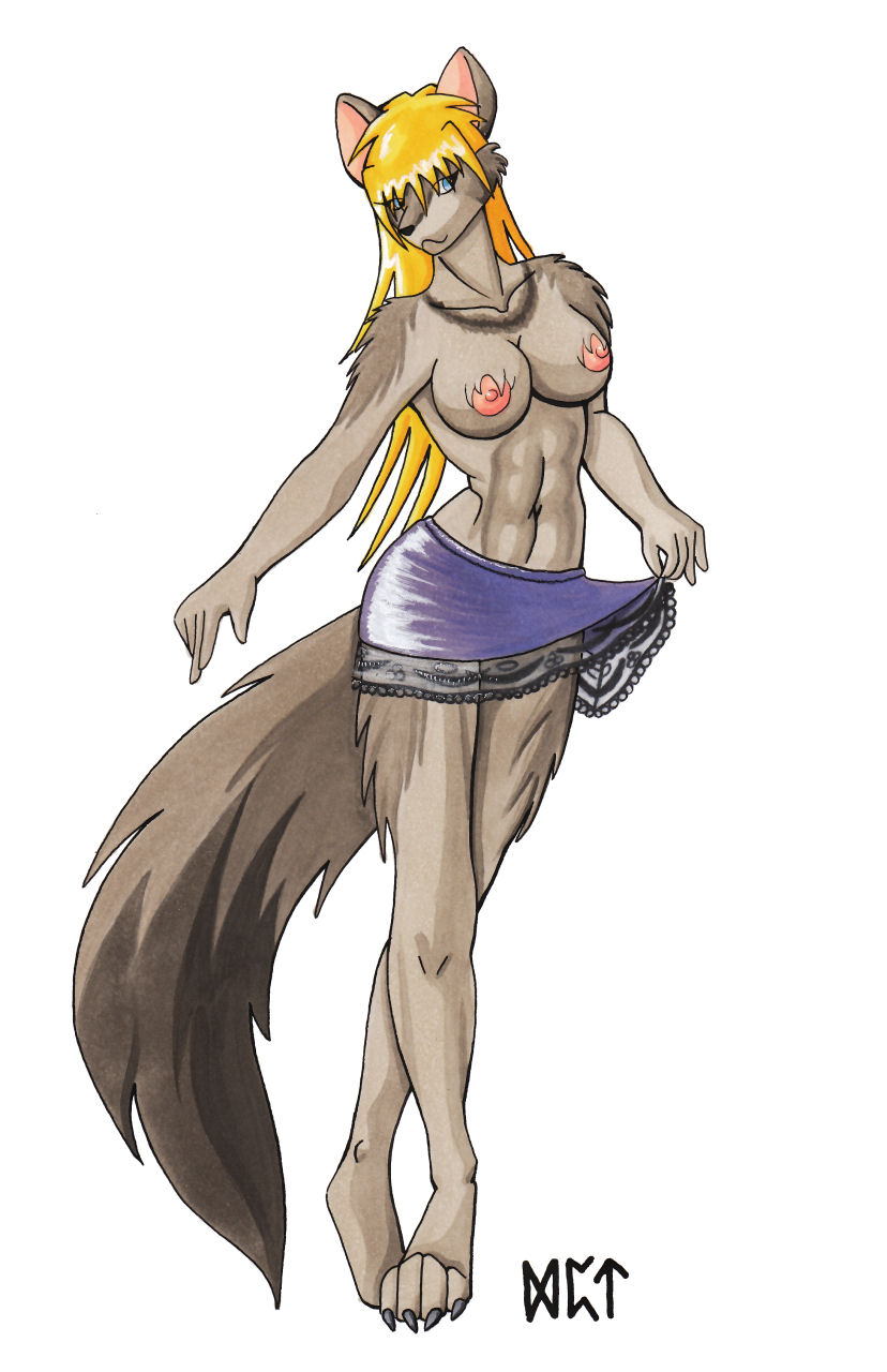 areola black_nose blonde_hair breasts canine claws female hair long_hair mammal navel nipples ratofblades skirt skirt_lift solo topless wolf