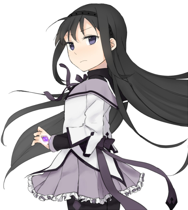 akemi_homura black_hair hairband long_hair looking_at_viewer magical_girl mahou_shoujo_madoka_magica pantyhose purple_eyes solo tsuzuya_(knt31) white_background