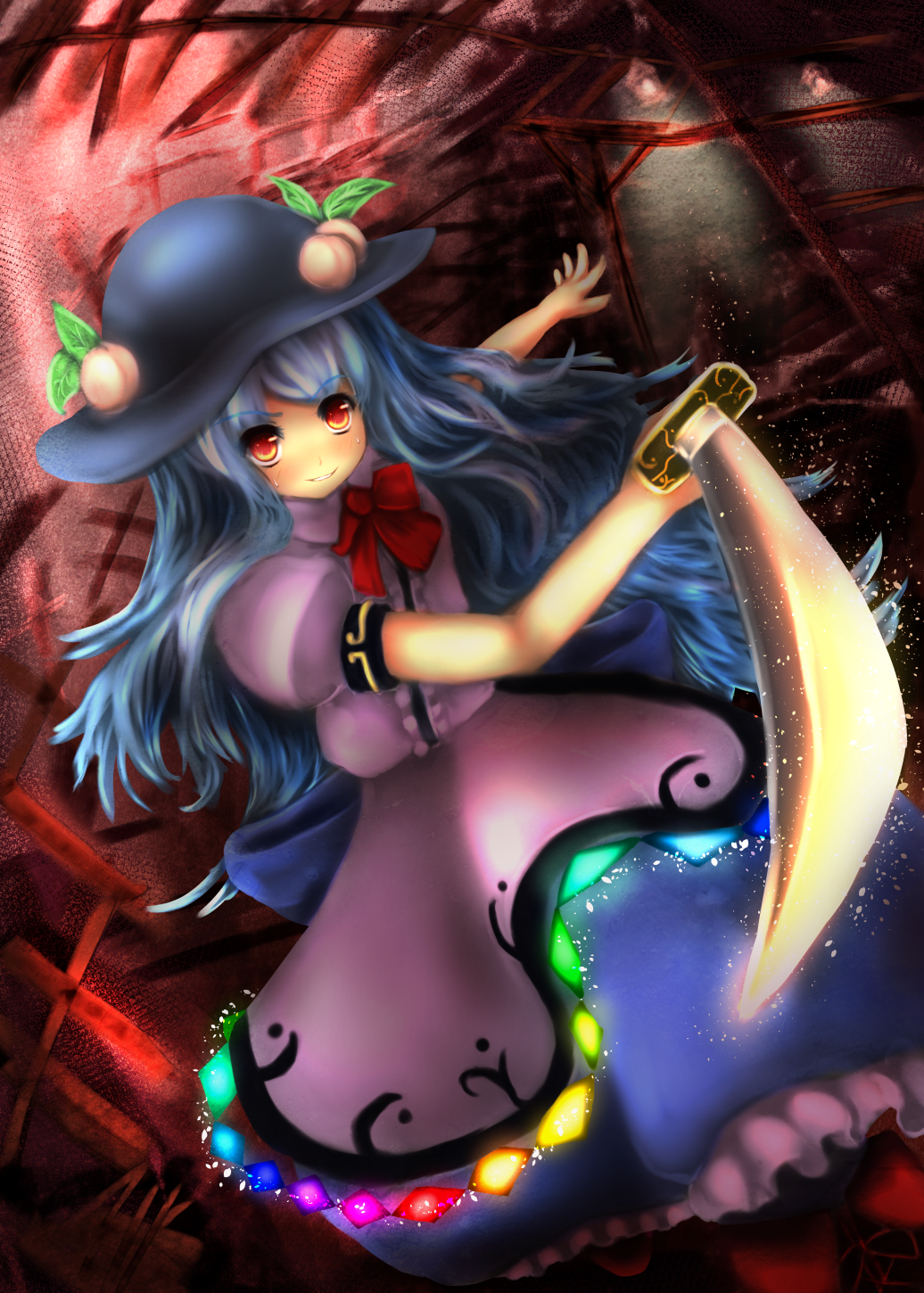 blue_hair food fruit hat highres hinanawi_tenshi long_hair peach red_eyes solo sword touhou weapon zenasu