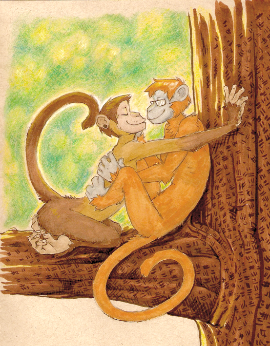 branch brown_fur couple ear_piercing eyewear feral fur gay glasses hindpaw kneeling male mammal monkey orange_fur outside paws piercing primate sitting traditional_media tree