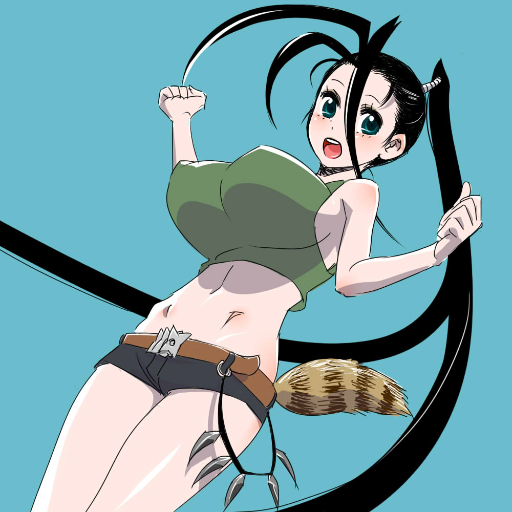 antenna_hair belt black_hair blue_eyes blush breasts casual hair_pulled_back high_ponytail huge_breasts ibuki_(street_fighter) impossible_clothes long_hair midriff nonjake open_mouth raccoon_tail short_shorts shorts shuriken solo street_fighter tail tank_top very_long_hair