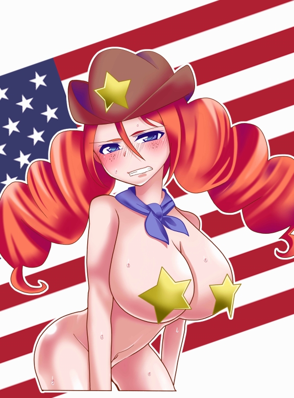 blue_eyes blush bomber_girls_precure breasts censored cowboy_hat freckles happinesscharge_precure! hat nude precure red_hair red_haired_cure_(bomber_girls_precure)_(happinesscharge_precure!) torikari
