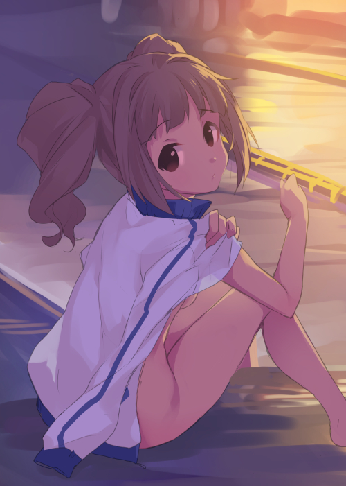 breasts brown_eyes brown_hair idolmaster idolmaster_(classic) jacket jacket_on_shoulders long_hair looking_at_viewer naked_track_jacket nude pool sitting small_breasts solo takatsuki_yayoi tousaki_umiko track_jacket twintails