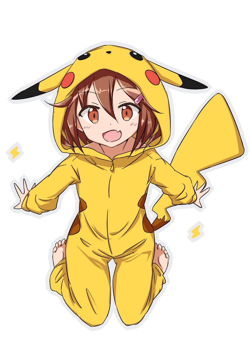 animal_costume barefoot blush_stickers brown_eyes brown_hair chigusa cosplay full_body gen_1_pokemon hair_ornament hairclip hood ikazuchi_(kantai_collection) kantai_collection long_sleeves open_mouth pikachu pikachu_(cosplay) pokemon pokemon_(creature) short_hair simple_background solo white_background
