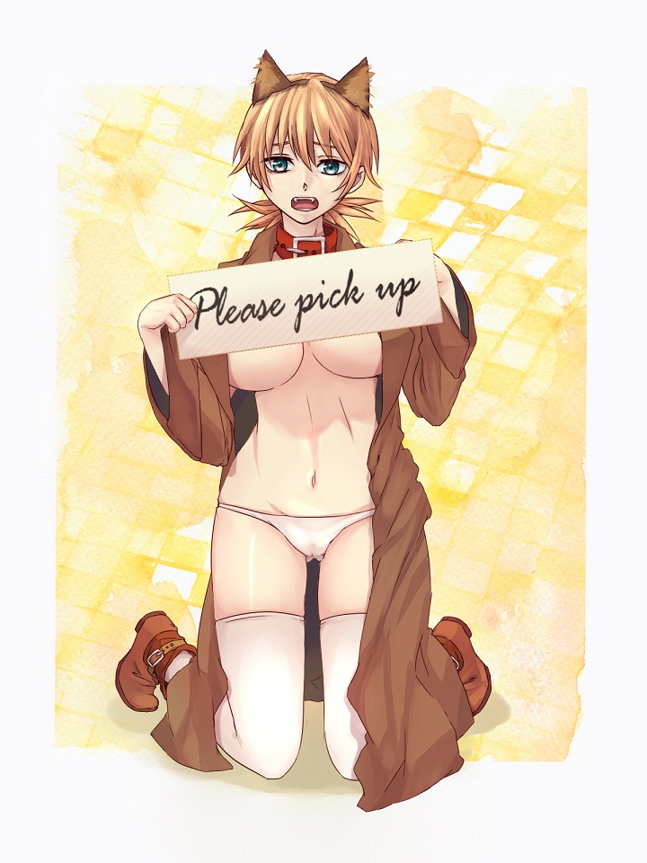 animal_ears blonde_hair blue_eyes boots breasts cat_ears collar english fangs full_body hakushi hellsing holding holding_sign large_breasts panties seras_victoria sign solo thighhighs topless trench_coat underwear vampire white_legwear