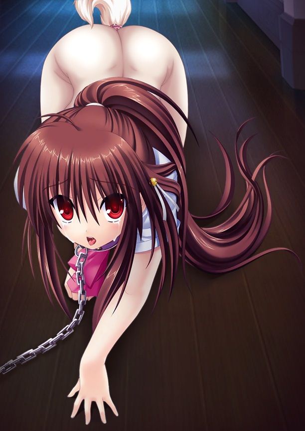 1girl artist_request ass bdsm bondage bottomless bound brown_hair butt_plug buttplug buttplug_tail chains collar little_busters! long_hair natsume_rin pet_play ponytail red_eyes tail tears
