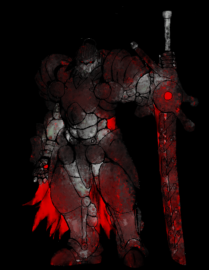 ambiguous_gender armor bfs big_sword bipedal blood cape compensating_for_something humanoid man_in_the_armor plain_background powered_armor red_eyes shoulders_of_doom sword weapon