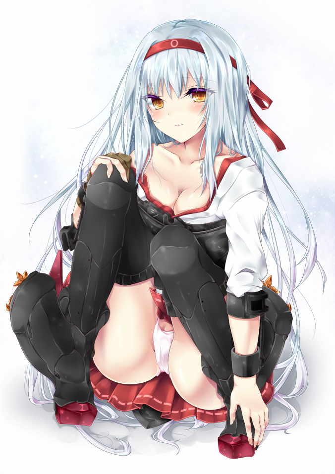 black_legwear breasts cleavage collarbone colored_eyelashes hairband japanese_clothes kantai_collection long_hair looking_at_viewer medium_breasts orange_eyes panties shoukaku_(kantai_collection) silver_hair sitting smile solo tetsu_tissue thighhighs underwear yellow_eyes