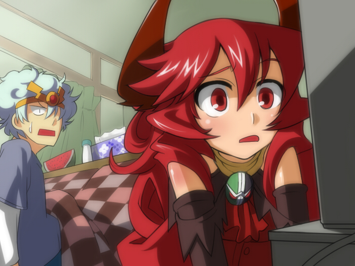 1girl circlet commentary_request curly_hair demon_girl demon_horns elbow_gloves food fruit gloves horns long_hair maou_beluzel red_eyes red_hair sweatdrop tissue_box watching_television watermelon yugami_gooshu yuusha_masatoshi yuusha_to_maou