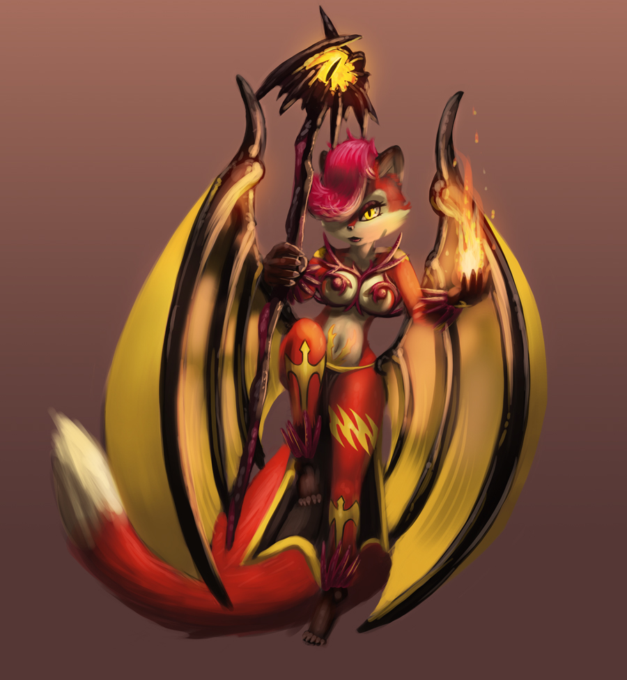 anthro breasts canine drxsmokey female fire fox fur hair looking_at_viewer mammal nipples pink_hair plain_background red_fur ruby ruby_(char) solo stick white_fur wings yellow_eyes