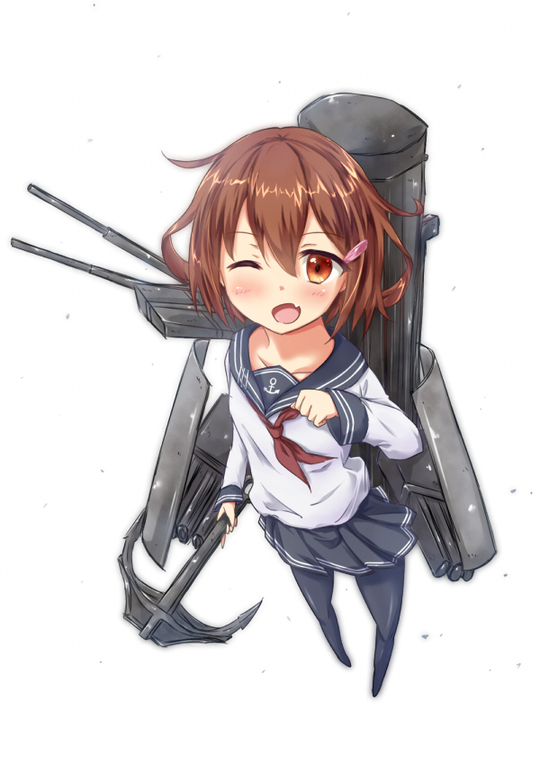 anchor black_legwear brown_eyes brown_hair cannon chigusa collarbone fang hair_ornament hairclip ikazuchi_(kantai_collection) kantai_collection long_sleeves looking_at_viewer one_eye_closed open_mouth pantyhose school_uniform short_hair skirt solo turret weapon white_background