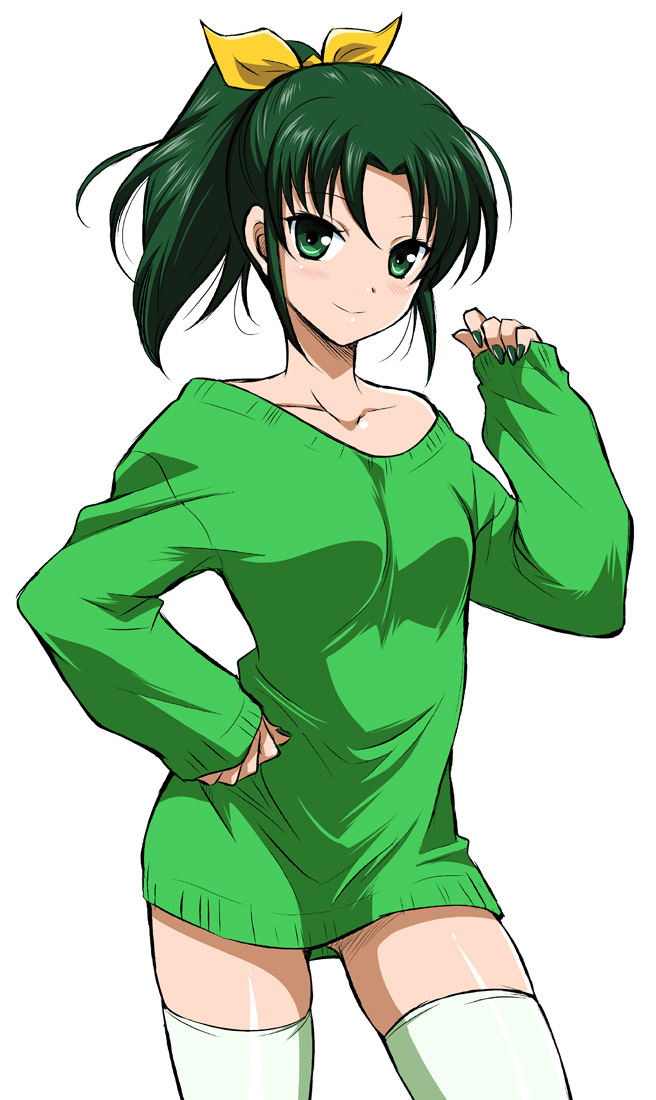 bare_shoulders blush green_eyes green_hair green_legwear green_shirt hand_on_hip looking_at_viewer midorikawa_nao naked_sweater ponytail precure shirt short_hair simple_background smile smile_precure! solo sweater thighhighs wauwa white_background