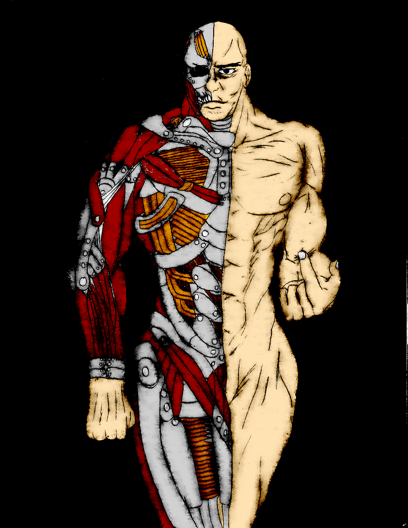 android bald bone cyborg exposed_circuits human hydraulics machine male man_in_the_armor mechanical metal muscles nude plain_background radiator robot skeleton