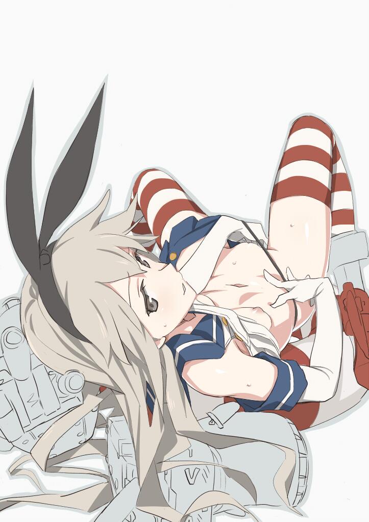 animal_ears black_panties breasts bunny_ears clothed_masturbation elbow_gloves gloves hairband hand_in_panties highleg highleg_panties jpeg_artifacts kantai_collection long_hair looking_at_viewer looking_back lying masturbation navel ningen_(ningen96) nipples on_back panties panty_pull parted_lips shimakaze_(kantai_collection) shirt_lift skirt skirt_removed small_breasts solo striped striped_legwear sweat thighhighs underwear undressing