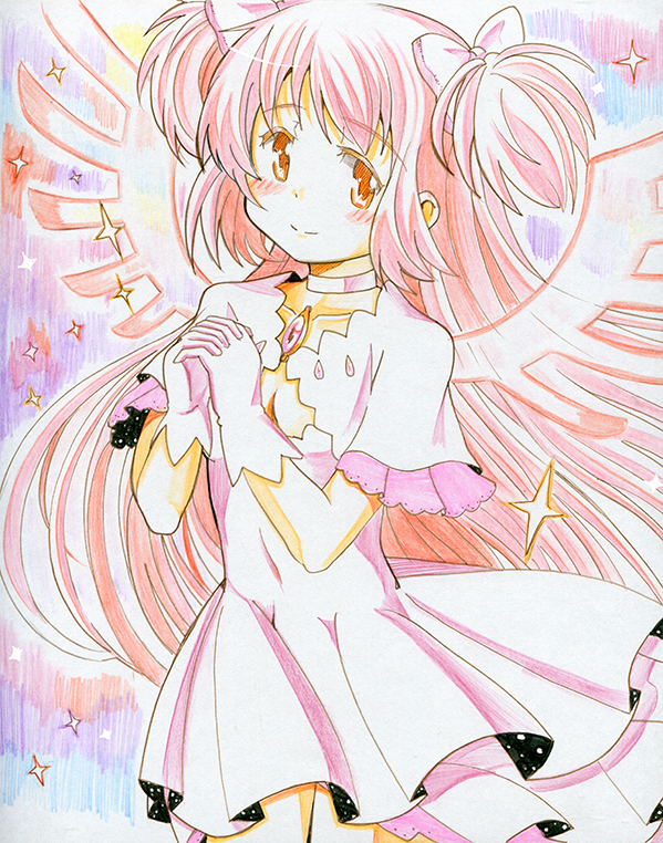 blush bow breasts choker cleavage collarbone dress gloves hair_bow interlocked_fingers kaname_madoka long_hair looking_at_viewer mahou_shoujo_madoka_magica pink_hair short_sleeves small_breasts smile solo soul_gem sparkle standing takeshisu traditional_media two_side_up ultimate_madoka very_long_hair wings