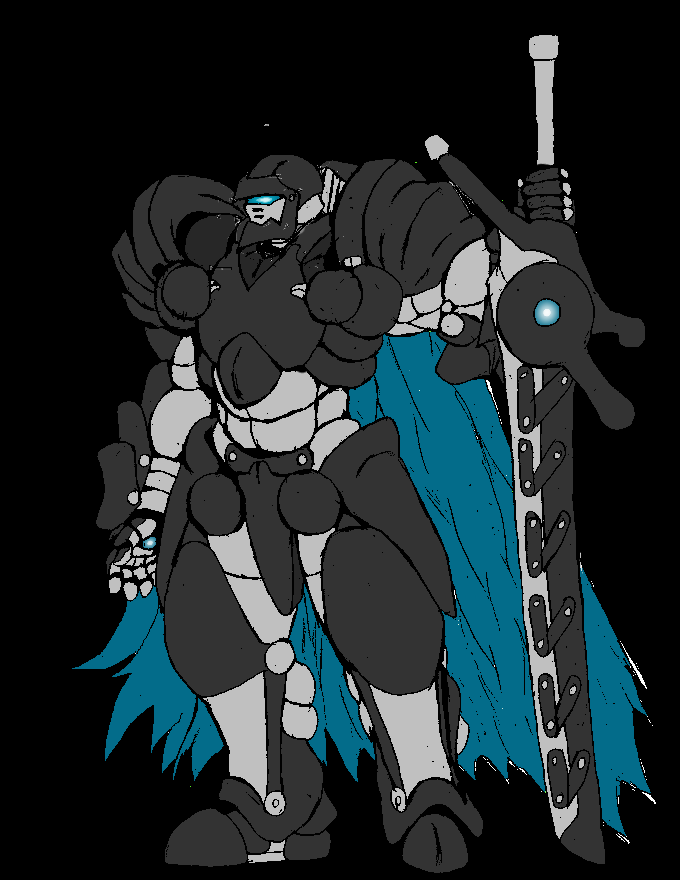 ambiguous_gender armor bfs big_sword bipedal blue_eyes cape compensating_for_something humanoid man_in_the_armor plain_background powered_armor shoulders_of_doom sword weapon