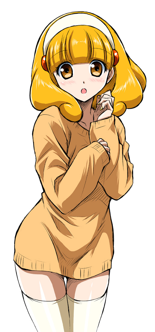 :o blonde_hair blush hairband kise_yayoi looking_at_viewer naked_sweater open_mouth precure short_hair simple_background smile_precure! solo sweater thighhighs wauwa white_background white_hairband yellow_eyes yellow_legwear