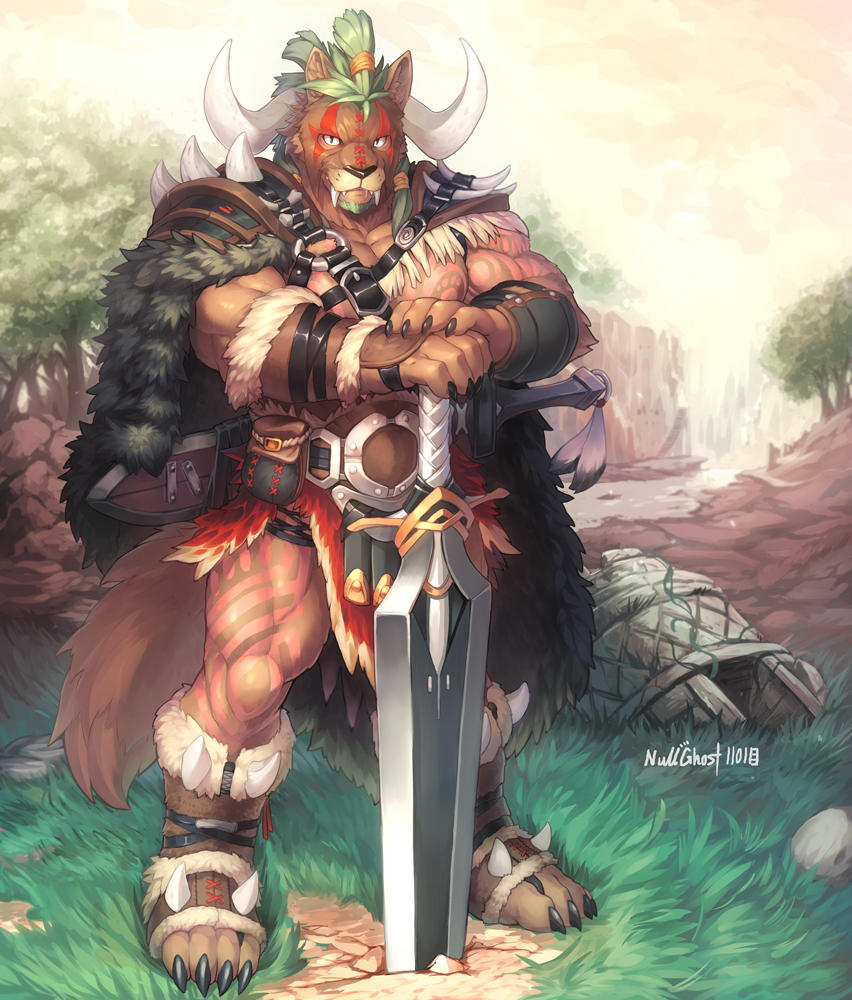 anthro armor biceps brown_fur canine cape claws clothing fur hair horn male mammal muscles null-ghost pecs standing sword toe_claws warrior weapon wolf