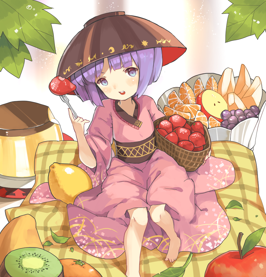 apple barefoot bowl bowl_hat food fork fruit grapes hat hillly_(maiwetea) japanese_clothes kimono kiwifruit leaf lemon minigirl orange pudding purple_eyes purple_hair sitting strawberry sukuna_shinmyoumaru touhou