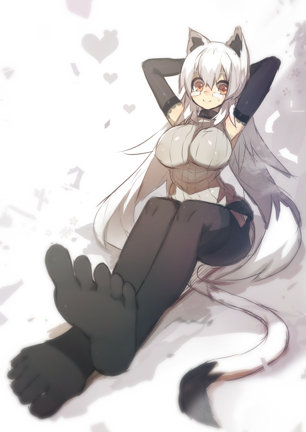 animal_ear_fluff animal_ears arms_behind_head black_gloves black_legwear breasts cat_ears cat_tail elbow_gloves feet glasses gloves highres impossible_clothes large_breasts long_hair mamuru no_shoes open_mouth original pantyhose red_eyes sitting soles solo tail thighband_pantyhose toes white_hair
