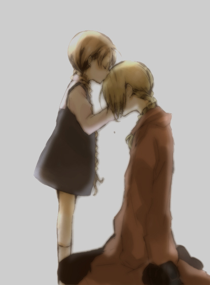 1girl braid coat dress edward_elric forehead_kiss fullmetal_alchemist grey_background hair_over_eyes hands_on_another's_face kiss kneeling long_hair nina_tucker pink_shirt red_coat rito_(rito0805) shirt shoes simple_background socks tears