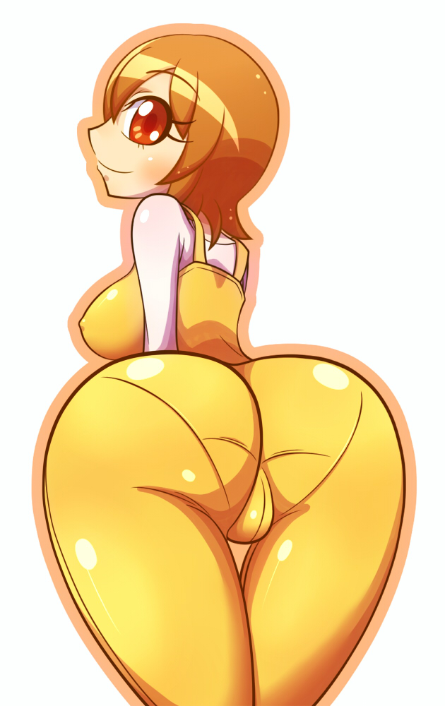 1girl artist_request ass blush breasts brown_hair cameltoe from_behind happinesscharge_precure! huge_ass looking_back oomori_yuuko orange_eyes overalls precure short_hair sideboob smile