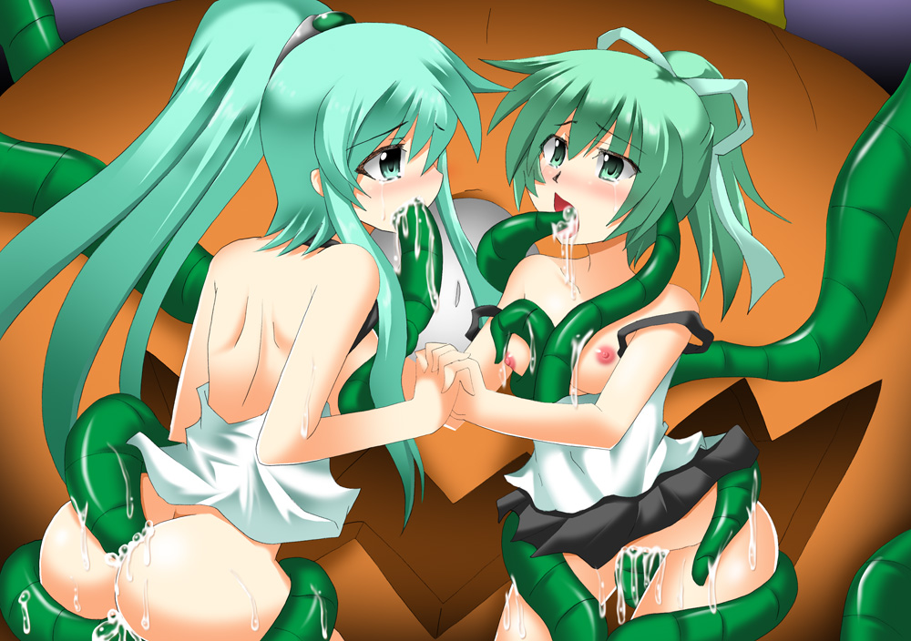 aketake anal ass bangs bare_shoulders black_skirt blush breasts breasts_outside collarbone crying crying_with_eyes_open duel_monster eyes_visible_through_hair green_eyes green_hair hair_ornament hair_ribbon hairband interlocked_fingers jewelry multiple_girls nipples open_mouth ponytail pumpking_the_king_of_ghosts pussy_juice rape restrained ribbon siblings single_eye sisters skirt small_breasts tears tentacles vaginal winda_priestess_of_gusto wynn yuu-gi-ou
