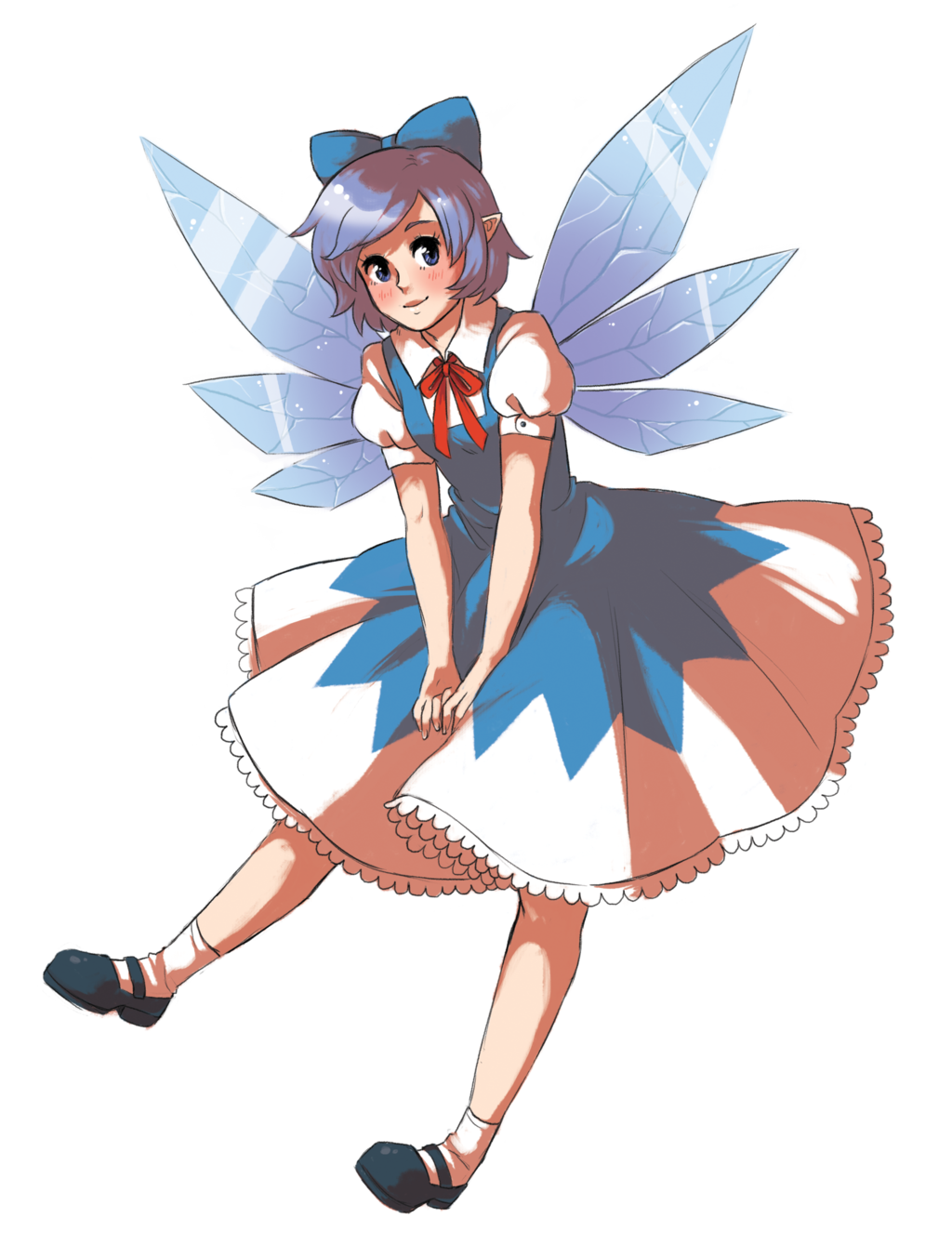 1girl blue_eyes blue_hair bow cirno dress fairy fairy_wings hair_bow highres looking_at_viewer mary_janes paigeling pointy_ears puffy_short_sleeves puffy_sleeves shoes short_hair short_sleeves smile socks solo touhou transparent_background wings